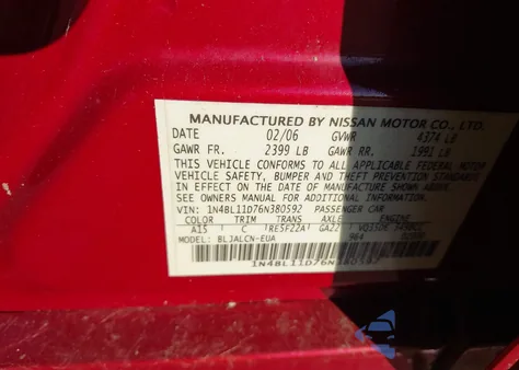 2006 Nissan Altima 3.5 Se z USA, uszkodzony, nr VIN 1N4BL11D76N380592
